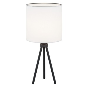 Elegancka prosta lampa stołowa biurkowa hotelowa czarna stal biały tkaninowy abażur trójnóg HILARY 4083