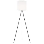 Elegancka prosta lampa stojąca podłogowa hotelowa czarna stal biały tkaninowy abażur trójnóg HILARY 4084